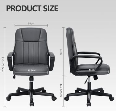 Офісне крісло MIXASTEP з PU-шкіри, регульована висота, поворотне, з підлокітниками та колесами 360°, для роботи, навчання, геймінгу (сірий)