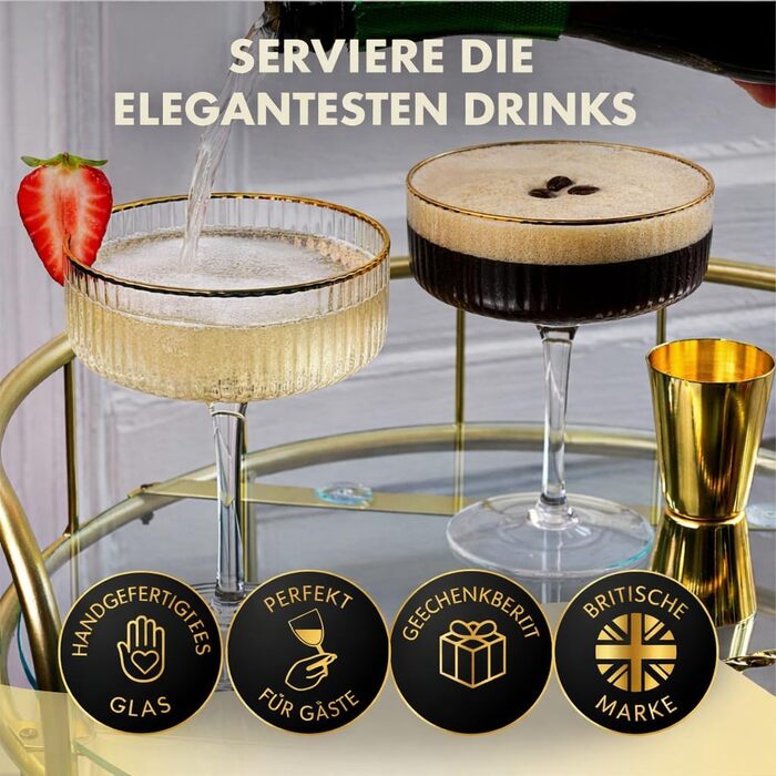 Набір з 4 елегантних келихів для Еспресо Мартіні Vemacity | Ручна робота | Келихи для шампанського, Маргарити та коктейлів | Преміум якість