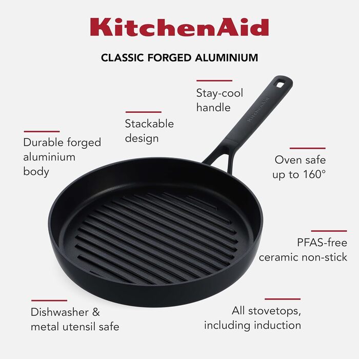 Млинцева сковорода KitchenAid Classic 24 см, анодований алюміній, без PFAS, керамічне антипригарне покриття, для індукції, духовки та посудомийки, чорна