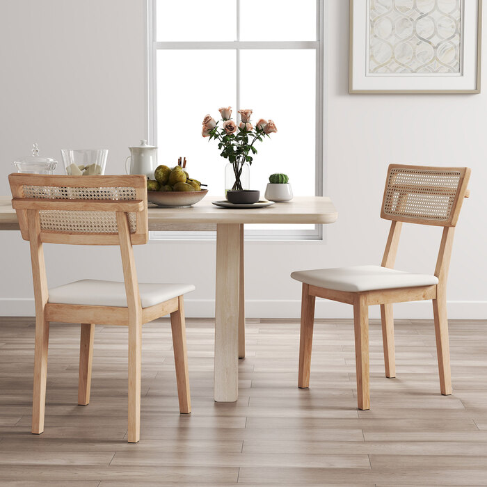HOMCOM Dining Chair with Rattan Back, Faux Leather Seat, and Rubberwood Frame