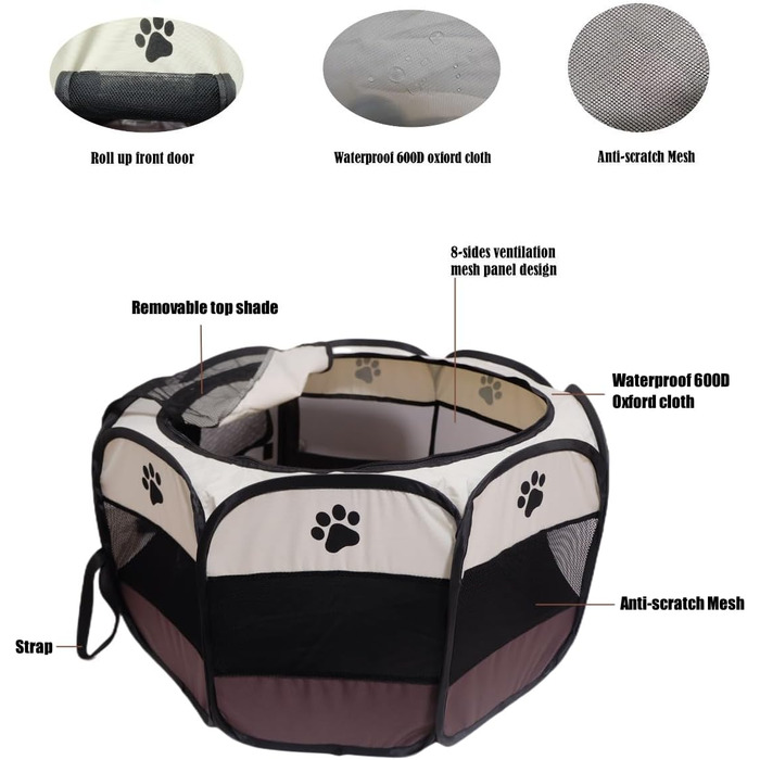 Переносне огорожа для тварин, вольєр для собак та котів, кроликів, тренувальний намет для домашніх тварин, для дому та вулиці (Розен), коричневий