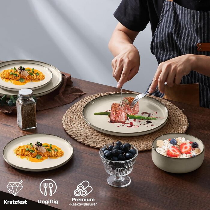 Набір посуду Onader для 6 осіб (18 предметів), керамічний сервіз, 6 тарілок для їжі, десертних тарілок, мисок для каші, стійкий до миття в посудомийній машині та подряпин (Karst Khaki)