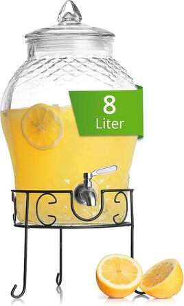 Glass Giraffe - Drink Dispenser with Stainless Steel Tap and Stand - 8 Liter - Water Dispenser - Carafe for Punch and Cocktails - Glass Lemonade Dispenser - Glass Vat