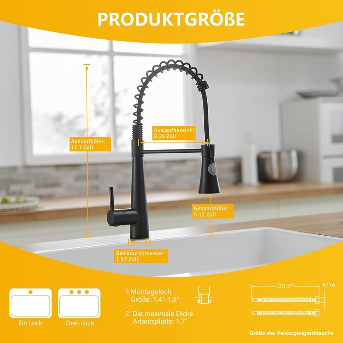 Кухонний змішувач TIMACO з поворотним гусаком 360° та висувною лійкою, чорний, з щіткою з нікелю