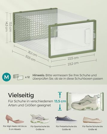 SONGMICS Shoe Boxes, 12-Piece Set, Plastic Shoe Organizer, Foldable and Stackable, for Shoes up to Size 44, Transparent-White LSP12SWT (12-Piece Set for Shoes up to Size 44, Transparent + Laurel Green)