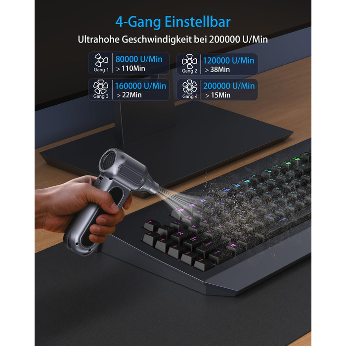 Електричний пилосос-піногенератор Orantronx Air Duster 200000 об/хв, 4-ступенева регулювання, акумуляторний, USB-зарядка, для ПК, клавіатури, авто, дивану, ноутбука, дому, вулиці