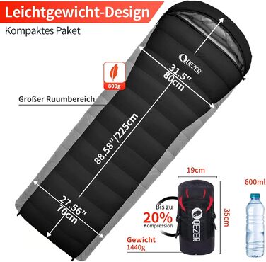Спальний мішок пуховий, зимовий, 600FP+, 12°C/-24°C, легкий та теплий, для 3-4 сезонів, кемпінг, трекінг, чорний