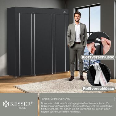 KESSER® Wardrobe Fabric Clothes Rack Stable with Clothes Rail & Shelves, Incl. 5x Clothes Hangers, Fabric Folding Wardrobe for Bedroom, Dressing Room Clothes Rack 150x45x175cm (Black)