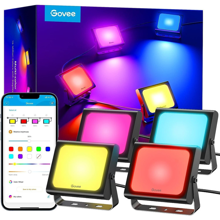 Govee Smart LED Flood Light, RGBICWW WiFi Outdoor Flood Light Works with Alexa, 2700-6500K, Dimmable LED Light with Color Changing, IP66 Waterproof, 4-Pack Outdoor Christmas Decoration