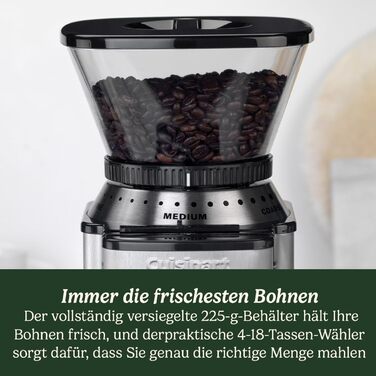 Кавомолка Cuisinart для дому: 4-18 чашок, 18 ступенів помолу, для еспресо, колд брю, лате, капучино, нержавіюча сталь