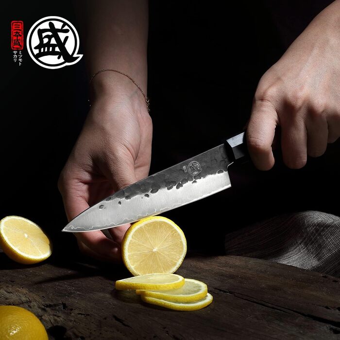 Японський ніж Santoku Mitsumoto Sakari 19 см з ручкою з рожевого дерева та дерев'яною коробкою, ніж для овочів 14 см