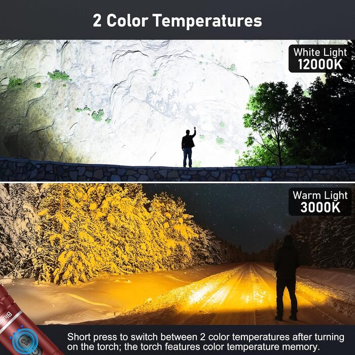 LED ліхтарик Blukar з регулюванням температури світла, 10 режимів, зум, водонепроникний, для кемпінгу та активного відпочинку (каштанового кольору)