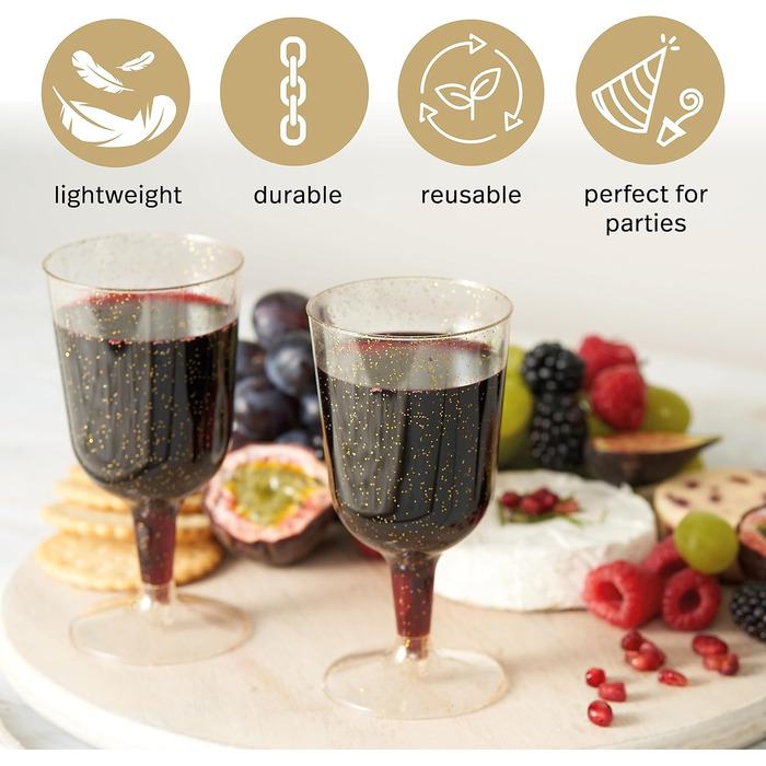 200 склянок для вина MATANA з пластику з золотим блиском (180 мл) – багаторазові келихи для вина, коктейлів, десертів, вечірок, весіль, днів народжень, 200 шт.