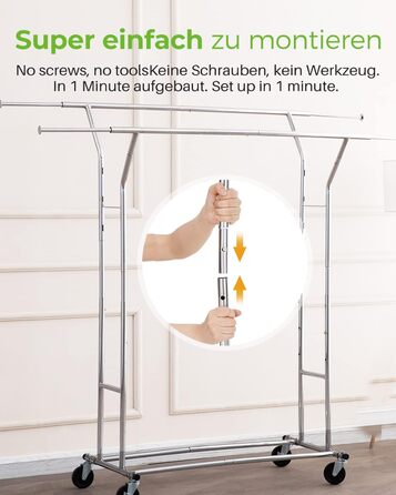 HOKEEPER Heavy-Duty Clothes Rack, Commercial Grade, Up to 181 kg (400 lbs) Load Capacity, Extendable Clothes Rod on Wheels, Durable Double Rails for Hanging Clothes, Silver