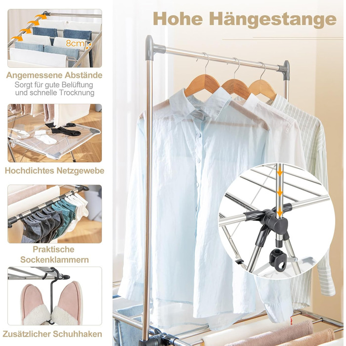 Сушарка для білизни COSTWAY розкладна, з висувними секціями, регульована по висоті з крилами та полицею для взуття, сушильний стійка-вежа для дому та вулиці (оновлена версія) з сітчастою тканиною