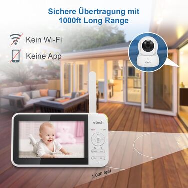 Відеоняня Vtech VM901-1W з Wi-Fi, 5-дюймовий HD-дисплей, поворотна камера 1080P, мобільний додаток, широкий кут огляду 120°, сумісна з iOS та Android