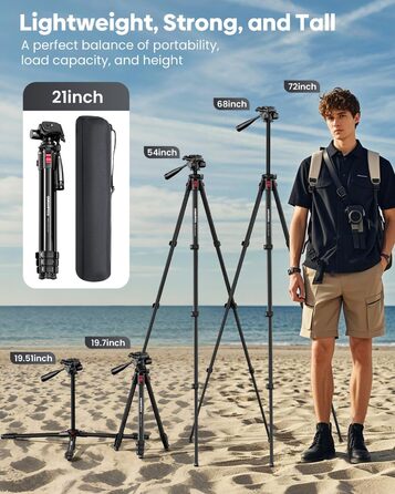Легкий компактний штатив для камери та смартфона з алюмінію, 173 см, для DSLR/SLR (Canon, Nikon), чорний