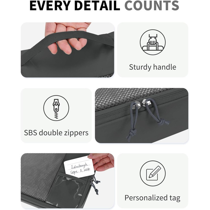 Органайзери для валізи ECOHUB, набір 6 шт. з ID-міткою, екологічні, дихаючі, для подорожей (зелений, темно-сірий)