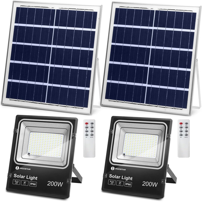Aigostar 50W Solar Flood Light Outdoor, Super Bright LED Floodlights with Solar Panel, Cold White 6500K, IP66 Protection Grade Solar Spotlight Searchlight Outdoor Spotlight for Garden, Door, Yard, Garage, etc., 2 Pack (200 Watts)