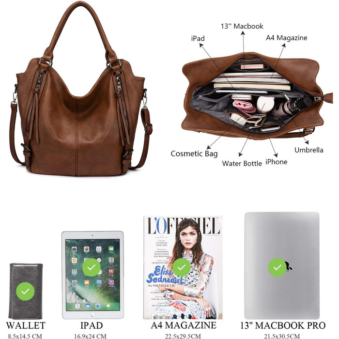 Комплект жіночих сумок Realer: велика шопер-сумка та сумка-месенджер зі шкіри, коричневий L, коричневий