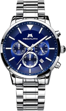 Чоловічий годинник MEGALITH з нержавіючої сталі, хронограф, водонепроникний, з великим циферблатом, датою, для роботи та відпочинку. Стильний подарунок для чоловіків (8345 Silver Blue)