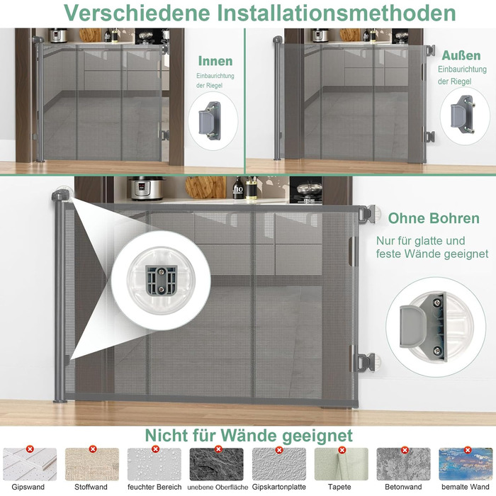 Retractable Baby & Pet Gate with Lock - 150cm Wide, 83cm High - Automatic Locking, Grey