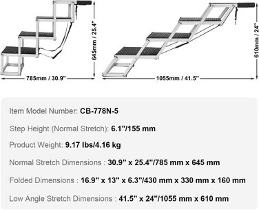 Сходинка для собак VEVOR у автомобіль: 5 сходинок, широка, складна, з антиковзким покриттям, легка алюмінієва, для авто, SUV та вантажівок (61-65 см)