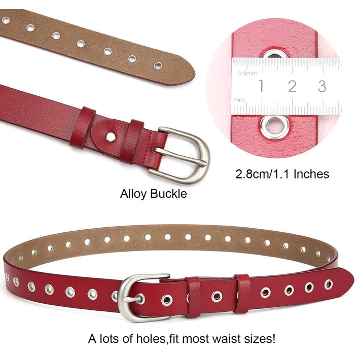 Жіночий шкіряний ремінь з металевою пряжкою для джинсів Dreess, ширина 1.1 см (XS:85 см, підходить для обхвату талії 60-74 см), колір: червоний