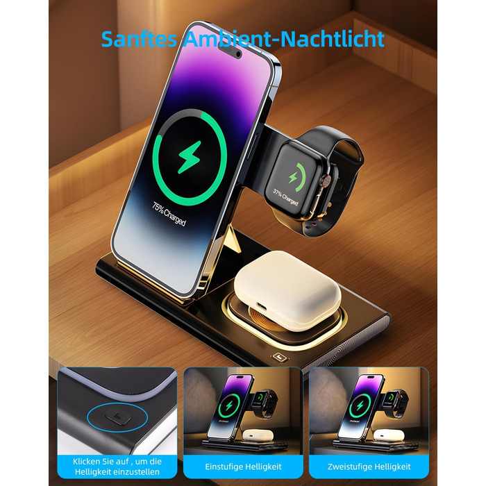 Бездротовий зарядний пристрій Carehabi 3-в-1: для iPhone, Apple Watch та AirPods Pro