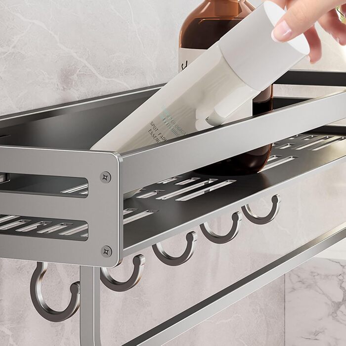 Настінна полиця для душу без свердління, сірий колір, 40x40 см. Організатор для ванної кімнати з великою місткістю та гачками