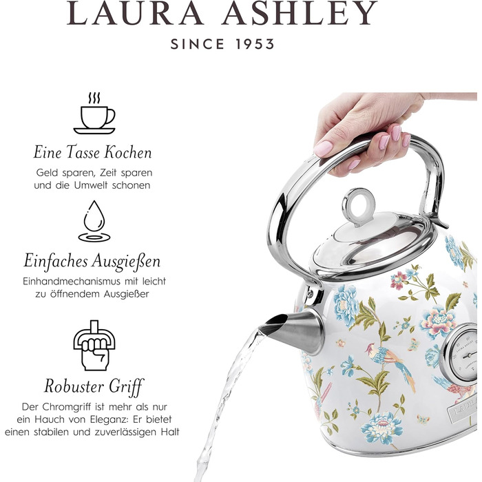 Laura Ashley Elveden Wireless Electric Kettle - 1.7L Stainless Steel, 2.2kW Fast Boil, Temperature Display & Overheat Protection