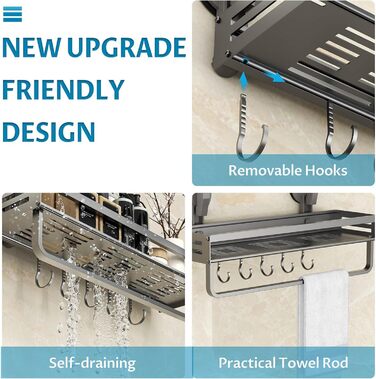 Поличка для душу Onemake з присосками, регульована, з гачками, органайзер для ванної кімнати з тримачем для рушників, матовий чорний (40 см, 1 шт.)