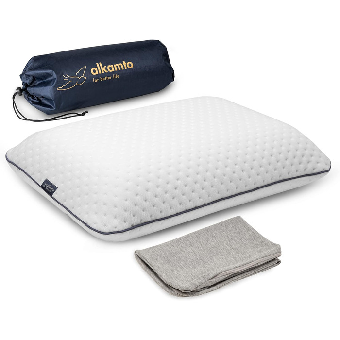 Alkamto Travel Pillow – Camping Pillow – Ergonomic Memory Foam Pillow with Temperature-Regulating Cover – Extra Cotton Cover