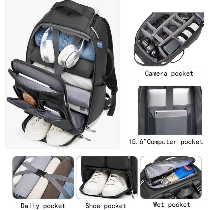 Рюкзак для камери Horfccid 23L: фотокамера, DSLR, ноутбук 15.6'', штатив (чорний)