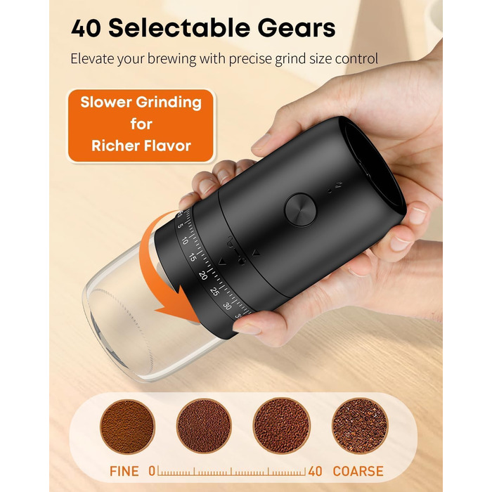 Електрична кавомолка Pawfly з керамічним жорном, 40 ступенів помолу, функцією Auto-Stop та щіткою для чищення. Професійна модель для подорожей та кемпінгу