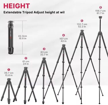 Карбоновий штатив для камери COMAN Zero Y з панорамною кулькою 360° та Arca Swiss, відеоштатив для DSLR, висота 15.3–156.7 см, навантаження до 18 кг