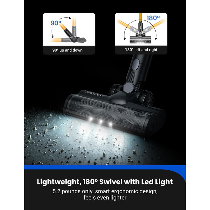 Бездротовий пилосос Proscenic P11 Ultra з акумулятором, легкий, самостійно стоячий, 50Kpa, 50 хвилин роботи, сенсорний екран, зелене світло, антизаплутування, для килимів, твердих поверхонь, штор, автомобіля, шерсті домашніх тварин (світло-жовтий)