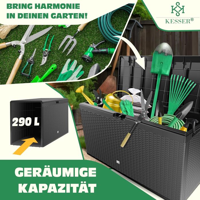 KESSER короб для подушок і речей 290 л з коліщатками, складаною кришкою, ручками, ротанг, для саду, антрацит