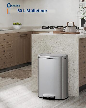 Набір металевих смітників GarveeHome (50л + 10л) з педаллю та кришкою, кухонне відро зі сталі з внутрішнім контейнером, колір нержавіюча сталь