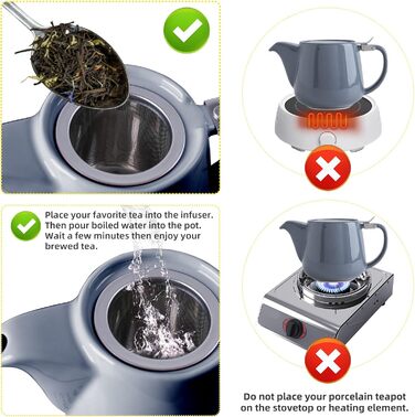 VIVILINEN Porcelain Teapot, Ceramic, Handmade, 18/8 Stainless Steel Strainer, Fine Mesh Stainless Steel Infuser with Filter (Gray)