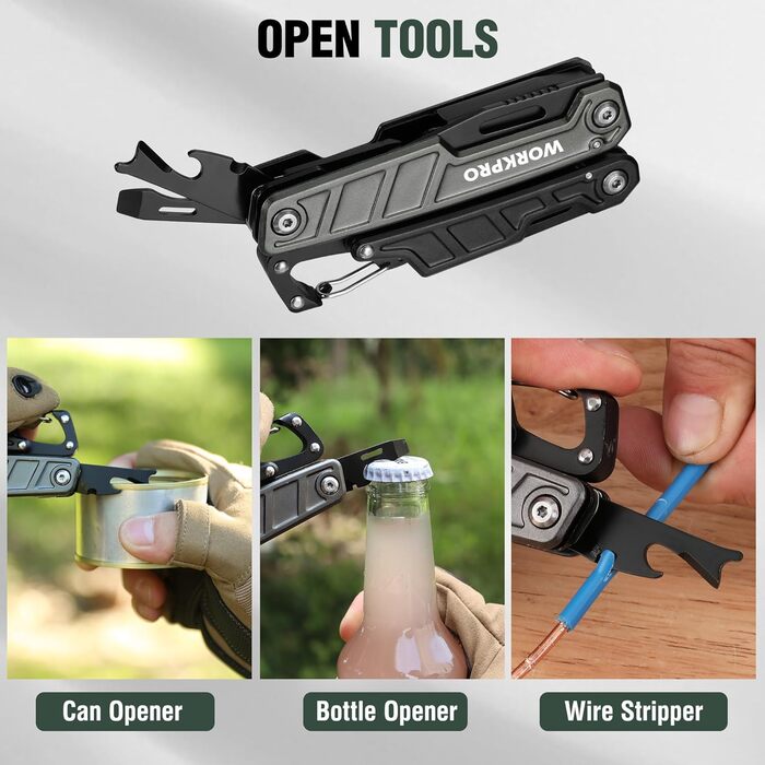 WORKPRO Мультитул 11-в-1: мультиінструмент з нержавіючої сталі з карабіном, плоскогубцями, кабелерізом, відкривачкою для пляшок, викрутками для відпочинку на природі. У комплекті чохол.