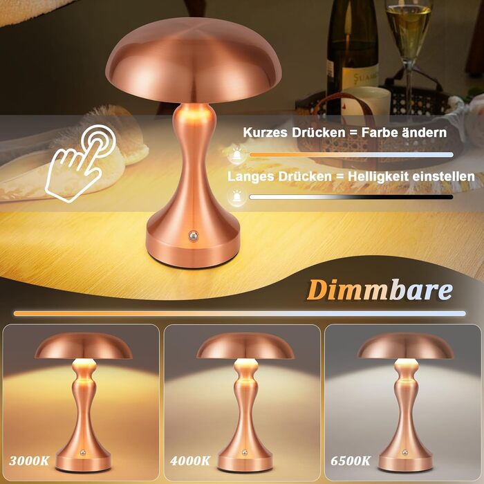Бездротова настільна лампа з LED-підсвічуванням, сенсорне керування, регулювання яскравості, вінтажний стиль, USB-зарядка, нічник для спальні/вітальні (червоно-бронзова, 2 шт.)