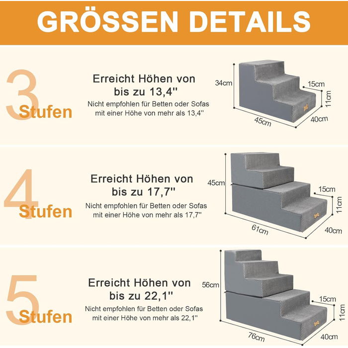 Non-slip Dog Stairs for Small Dogs 3-Step, Dog Stairs Dog Ramp for Bed and Sofa made of High-Density Sponge, Pet Stairs with Removable, Washable Cover and Non-Slip Bottom, 45x40x34cm