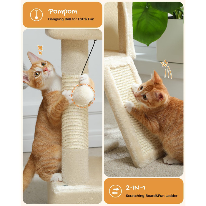 PETEPELA Scratching Post with Dual Condos for Apartment Cats, All-in-One Cat House with Padded Perch, Scratch Ramp and Post, and Replaceable Balls Beige