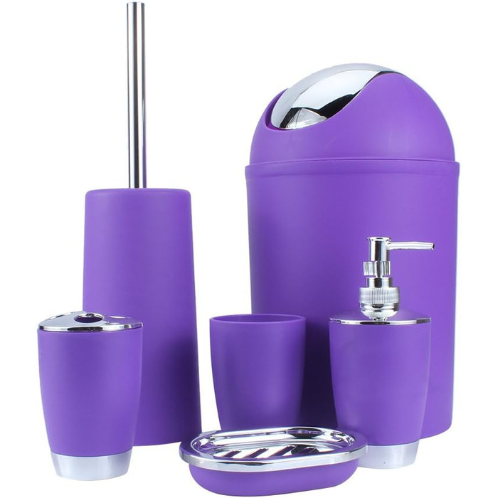 Bathroom and Toilet Set, 6-Piece Bathroom Accessory Set, with Cup, Toothbrush Holder, Soup Holder, Hand Sanitizer Bottle, Trash Can, Toilet Brush (Purple)