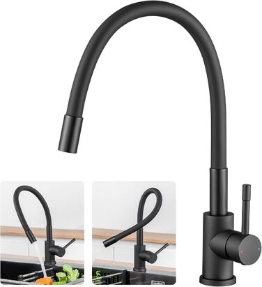 Змішувач кухонний CECIPA SOFETIY SERIE чорний з гнучким гусаком 360° для високого тиску, з нержавіючої сталі, для мийки, однолеверний