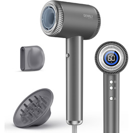 Іонізатор для волосся DEWILY, фен з магнітним дифузором, 110,000 RPM безщітковий мотор, швидке сушіння, подорожний фен, 300 мільйонів негативних іонів, сірий (з 2 насадками) Classic Grey