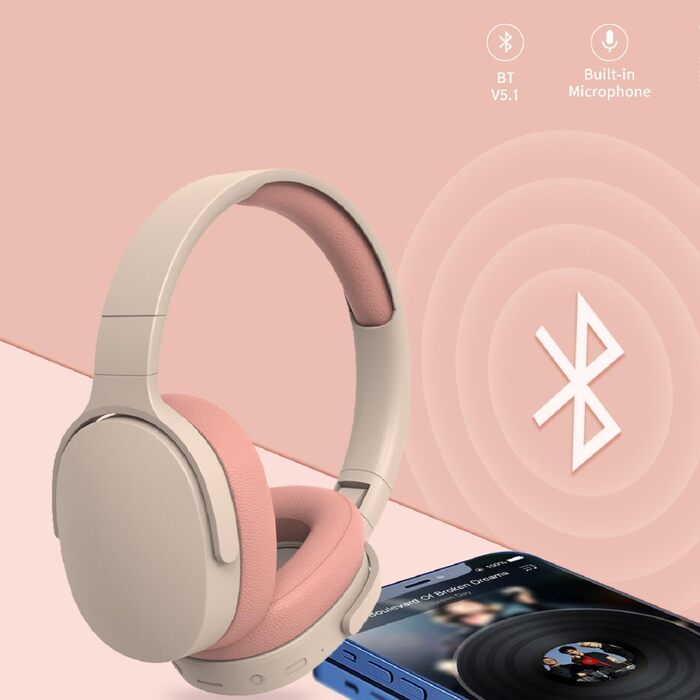 Бездротові навушники HiFi Bluetooth з активним шумозаглушенням, складні, з мікрофоном, для спорту та подорожей (рожеві)