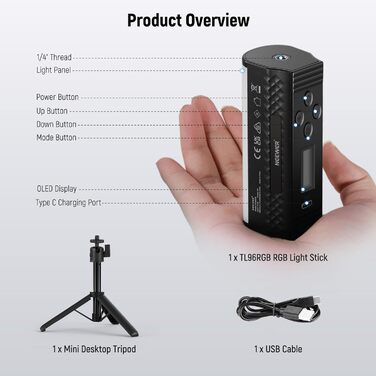 NEEWER світловий стержень з магнітним основанням та штативом, RGB LED відеоліхтар, 2500mAh, 2500-8500K, для фото- та відеозйомки, TL96RGB