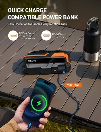 Powerbank AstroAI MF16 6000A з компресором 150PSI: старт для авто, мото, SUV (12V, 10L бензин/8L дизель), LED-дисплей, оранжевий